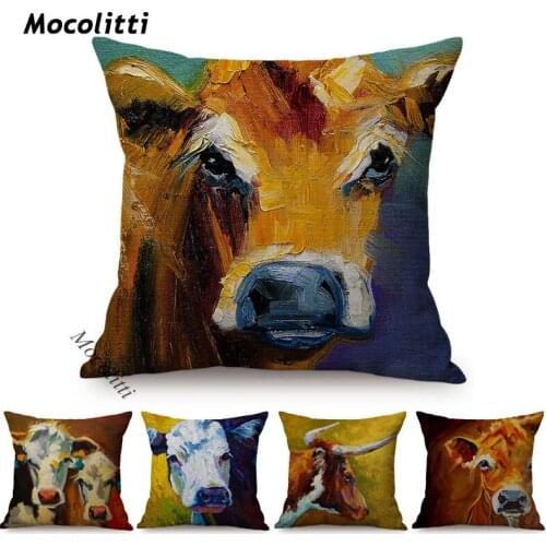 Cows Album Oil Painting Art Home Decor Cushion Cover Nordic Farm Cattle Longhorn Printing Cotton Linen Square Throw Pillow Case