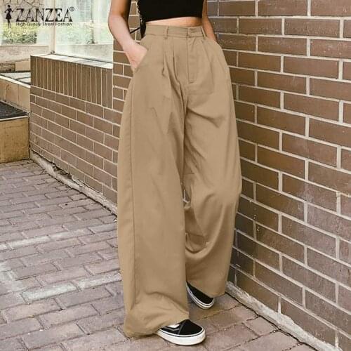 ZANZEA 2021 Stylish Womens Wide Leg Pants Casual Zipper Long Pantalon Female Solid Trousers Pleated Turnip Palazzo Streetwear