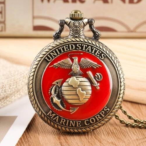 United State Marine Corps Theme Necklace Quartz Pocket Watch Fashion Red Souvenir Pendant Chain Military Watch Top Gifts for Men