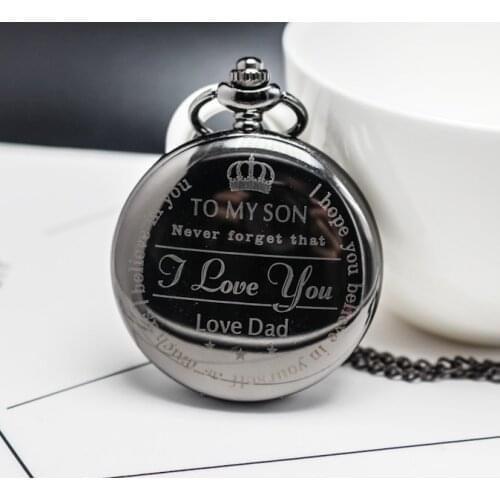 To Son "I Love You" Love Dad Quartz Pocket Watch Necklace Black Fob Clock Chain Pendant Cute Children Kid Boys Gift