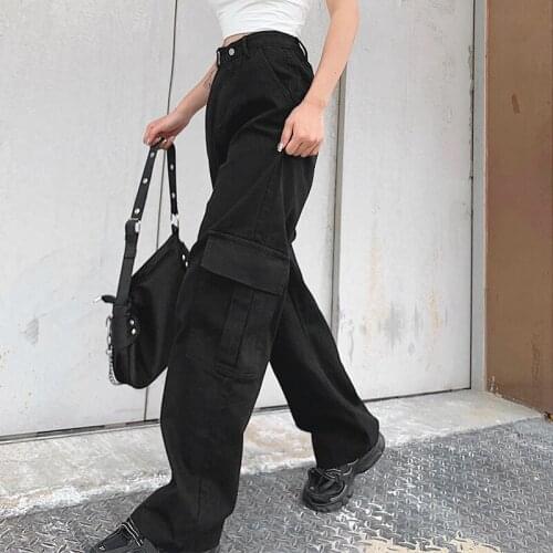 Pockets Patchwork High Waist Jeans Women Streetwear Straight Jean Femme Blue 100cm Cotton Cargo Pants