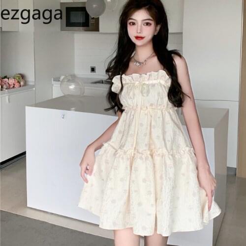Ezgaga Pearl Spaghetti Strap Dress Women 2021 New Summer Sweet Bow Slash Neck Korean Fashion Female Sexy Floral Dresses Casual