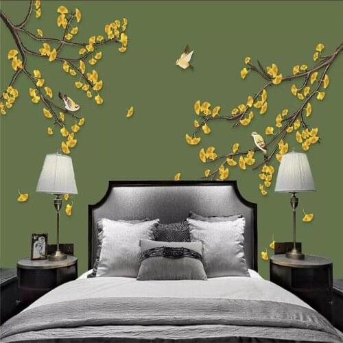 Ginkgo biloba flower and bird background wall professional production mural wholesale wallpaper mural poster photo wall