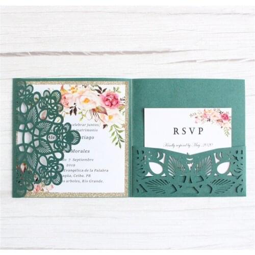 Dark green invitation card save the day valentine ceremony gift card glittery gold backing personalized printing
