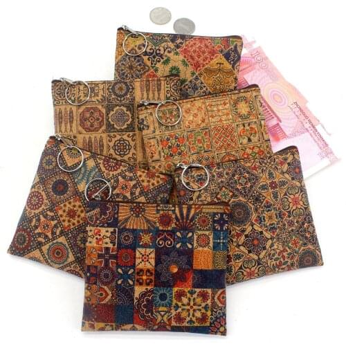 Mini Square Cork Coin Bag 2021 New Portugal Tile Pattern Cork Pouch Key Ring Zipper Sachet Change Purse Coin Case Wholesale
