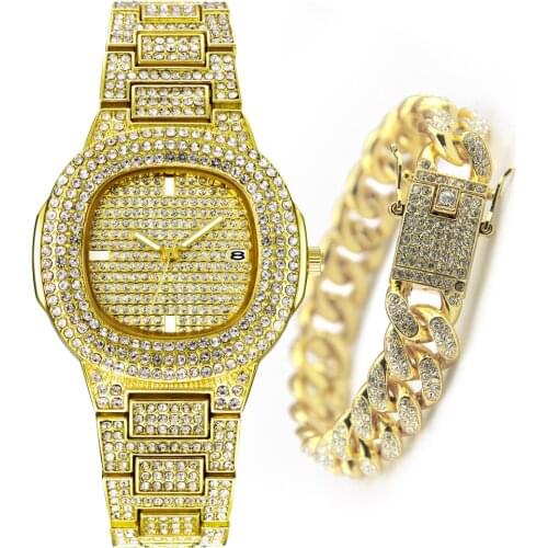 Fashion XFCS Yellow Gold Watch Women Hip Hop Bracelet Mens Quartz Watches Bling Diamond ICED Out Wristwatch Dropshipping Relogio