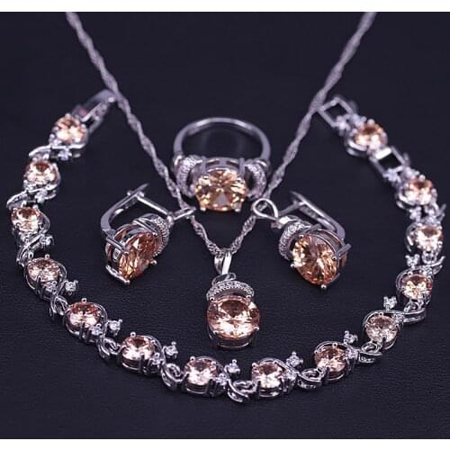Champagne Stone White Crystal Silver Color Jewelry Set For Women Earrings Ring Necklace Bracelet Set Bridal/Anniversary Jewelry