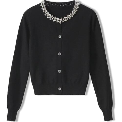 Autumn Pearl Rhinestone Sequined Round Neck Women White Kintted Cardigans Crop Sweater Coat Lady Tops Short Knitting Cardiga