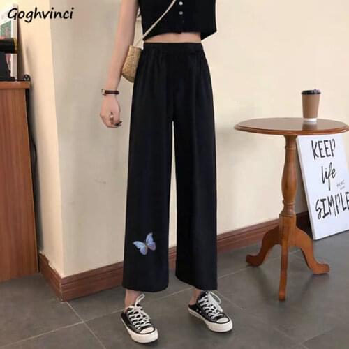Casual Pants Women Elastic Waist Wide-leg Students Loose Fashion Ins Womens Leisure Trousers Chic Printed Ankle-length Trendy