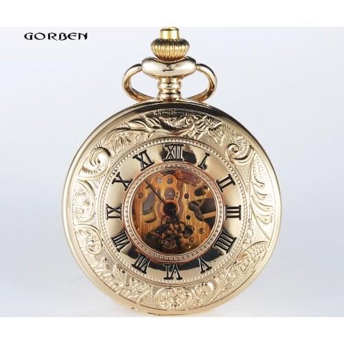 Luxury Fashion Golden Hollow Carving Analog Steampunk Mechanical Pocket Watches Roman Dial FOB Waist Chain Mens Pocket Watches