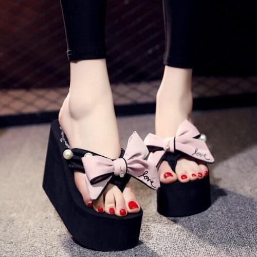 11CM Super High Heel Flip Flops Summer Female Handmade Bow Sponge Cake Non-Slip Seaside Vacation Fashion Sweet Beach Slippers