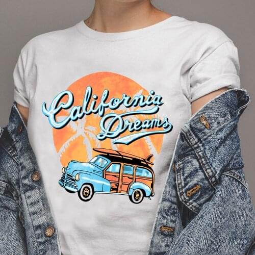 Sunfiz California Dream Car Funny Printed T Shirt Women Short Sleeve Cotton Beach Tees Fashion O-Neck Printing Tops