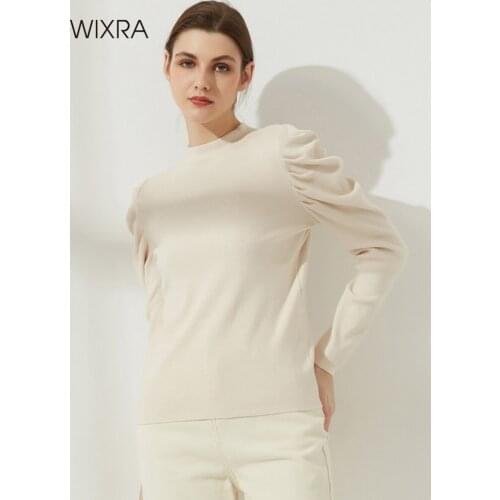 Wixra Womens Solid Sweater New Fashion O-Neck Long Puff Sleeve Autumn Winter Pullovers Tops Femme Knitting Jumpers