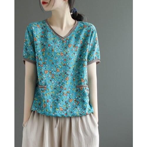 Literature and art RETRO new V-neck short sleeve T-shirt womens summer loose Floral Cotton top
