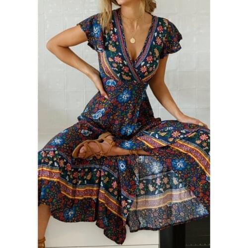 2021 V-Neck Sexy Long Dress Boho Summer Vacation Floral Print Beach Dresses Women Clothing Bohemian Female Vestidos