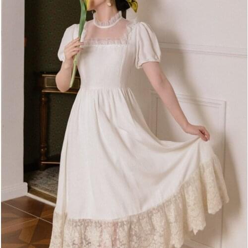 Cottage Core Fairy Lace Patchwork Sweet Mori Girl Ruffles BigSwing Retro Princess Slim Waist Embroidery Women Summer White Dress
