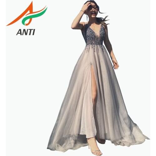 ANTI Sexy Evening Dress 2019 V-Neck Beads Open Back A Line Long Party Gowns High Split Tulle Woman ever pretty Vestido De Festa