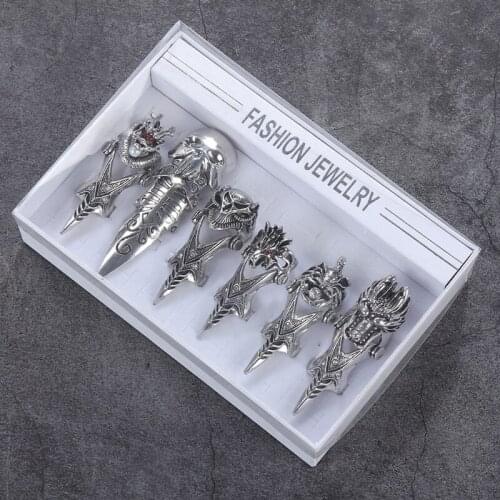 6pcs/set Fashion Dragon Long Ring for Women Men Punk Animal Skull Finger Long Rings Men Vintage Jewelry Accessories