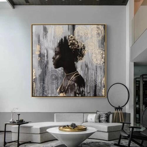African Black Woman Canvas Painting Abstract African Girl Golden Posters and Prints Wall Art Pictures for Living Room Home Decor