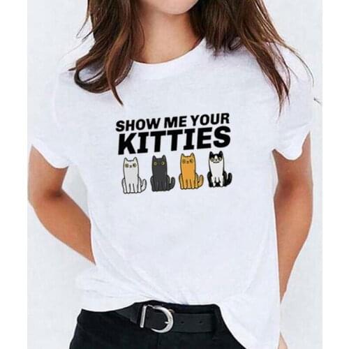 Summer Short Sleeve Casual Tee Shirt Femme Harajuku Tshirt Funny Show Me Your Kitties Print T Shirt Women Tops Womens T-shirts