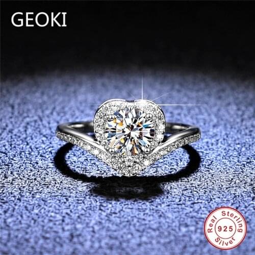 Geoki 925 Sterling Silver Perfect Cut Passed Diamond Test 1 CT D Color VVS1 Moissanite Heart Ring Forever Love Wedding Rings