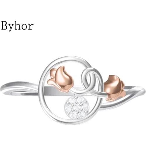 Byhor Solid 14K White+Rose Gold 0.031ct H/SI Natural Diamonds ring Women Fine Jewelry Trendy Wedding Band flower кольцo кольцa