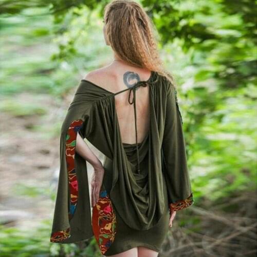 Halloween Cosplay Costumes for Women Medieval Tops Vintage Sexy Backless Dress Irregular Slim Army Green Female Long Sleeve