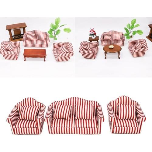 1/12 Scale Miniature Dollhouse Love Seat Sofa Armchair, Dolls House Furniture Couch, White and Red Stripe Pattern