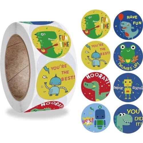 Cute Robot Dinosaur Animals Reward Sticker 500pcs/Roll English Words Encourage Labels For Kids Toy Round Sticker Children Gifts