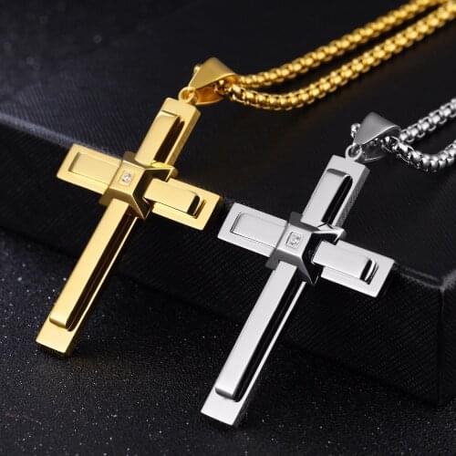 Fate Love High Polished gold stainless steel AAA Crystals Large Huge Cross Pendant Mens Necklace Chain 3mm 24 inch