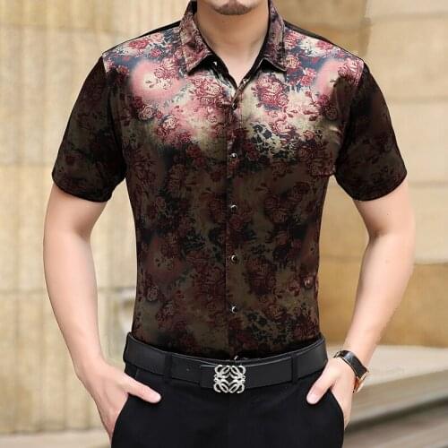 Mens Silk Short Sleeve Shirts Fashion Floral Shirt Male Business Casual Slim Fit Velvet Shirt Soft Thin Size S-3XL