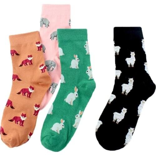 Cartoon Animal Print Cotton Socks Harajuku Rabbit Cat Elephant Pattern Happy Socks Women Cute Casual Breathable Soxs Female