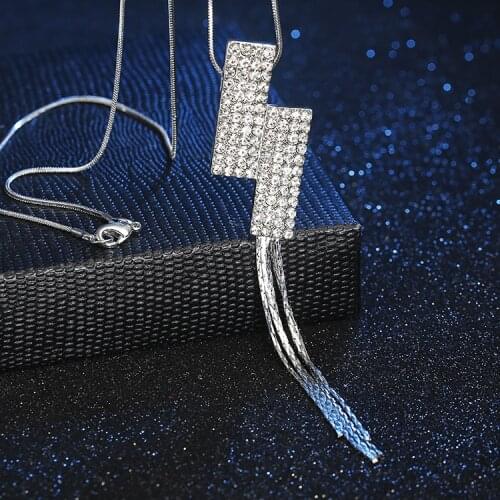 NewCrystal Lightning Necklaces Pendants Women Choker Fashion Jewelry 2019 Gift Silver Color Sweater Chain Tassel Long Necklace