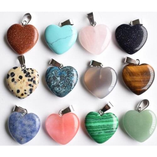 Wholesale 12pcs/lot 2020 Assorted heart natural stone charms pendants for jewelry making Good Quality 20mm free shipping