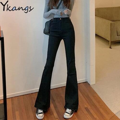High Waist Black Mom Flare Jeans Women Slim Wide Leg Pants Ladies Bell Bottom Jeans Female Boyfriend Denim Trouser Streetwear