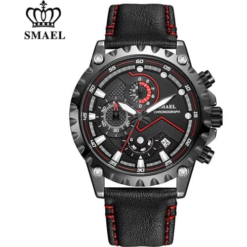 Relogio Masculino SMAEL Men Watches Fashion Waterproof Chronograph Top Brand Luxury Quartz Watch Men Casual Leather Sport Watch