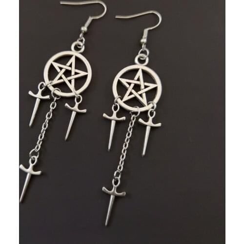 Pentagram Swords Earrings Silver Plated Huggie Hoops Dangle Witchy Jewelry Pagan Wiccan Tarot Gothic Emo Women Gift