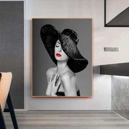 High-Defini Nordic Europe Art Prints Of Sexy Woman With Red Lips And Black Hat Posters On Canvas Modern Wall Home Decoration