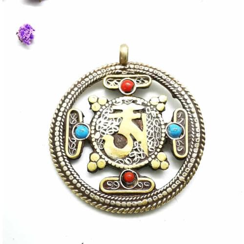 Tibetan OM Mantras Amulet Copper Round KALACHAKRA Double Sides Pendants TBP572