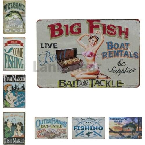 Vintage Go Fishing Shabby Tin Sign Vintage Bar Pub Metal Plate Poster Wall Decor Signs Iron Painting Retro Plaques 20x30cm