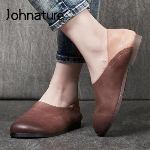 Johnature Genuine Leather Flats Women Shoes 2020 New Spring Mixed Colors Round Toe Slip-on Shallow Casual Handmade Ladies Shoes