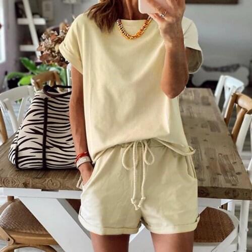 Fashion Women Sports Tracksuit Two Piece Set Summer O Neck Tee Tops And Biker Shorts Drawstring Bottom Suit Outfit Streetwear