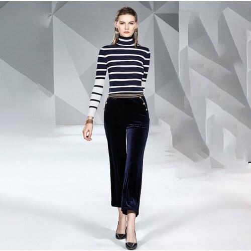 Runway Striped Knitted Sweater Two Piece Set Women Autumn Winter Buttons Wide Leg Pants Tracksuit Slim Outfits Matching Set A175