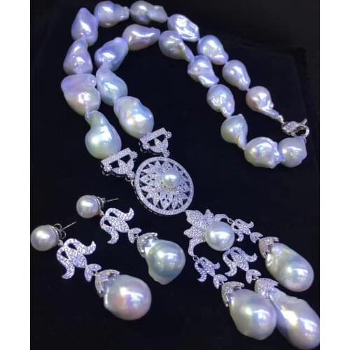 Fine women jewelry bridal jewelry set natural fresh water pearl necklace and earring big pearls free shipping