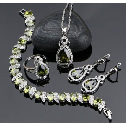 925 Sterling Silver Jewelery Olive Green Cubic Zirconia Jewelry Sets For Women Earrings/Pendant/Necklace/Ring/Bracelet