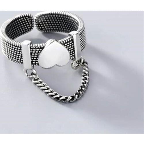 925 Sterling Silver Tassel Chain Love Heart Finger Ring For Women Romantic Open Jewelry Couple Wedding jz383