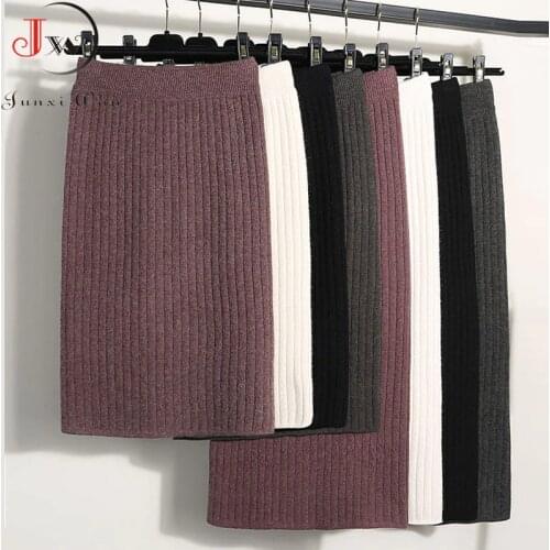 2021 Autumn Winter Women Long Skirt Elastic Waist Warm Knitted Straight Slim Elegant Black Pencil Skirts faldas jupe femme
