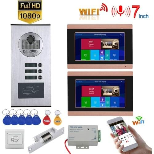 7" Record Wired Wifi Video Intercom 2 Apartments Doorphone System with RFID 1080P Doorbell Camera+ NO Electric Strike Door Lock