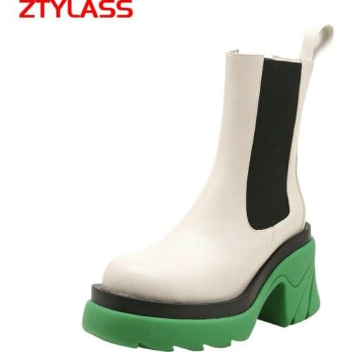 2021 Fashion Mixed Colors Platform Women Shoes Slip On Thick High Heel Ankle Boots Ladies Round Toe Autumn Winter Leather Boots