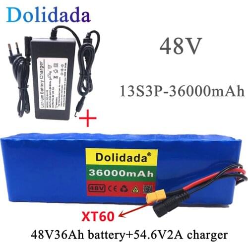 Dolidada XT60 interface 48V battery 13S3P 36Ah battery pack 500W high power battery 48V36000mAh Ebike electric bike+Charger